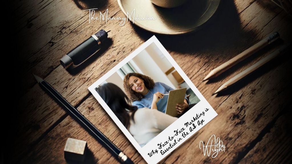 Marketing professional speaking directly with a client, symbolising authentic engagement and the power of face-to-face marketing in a tech-driven world.