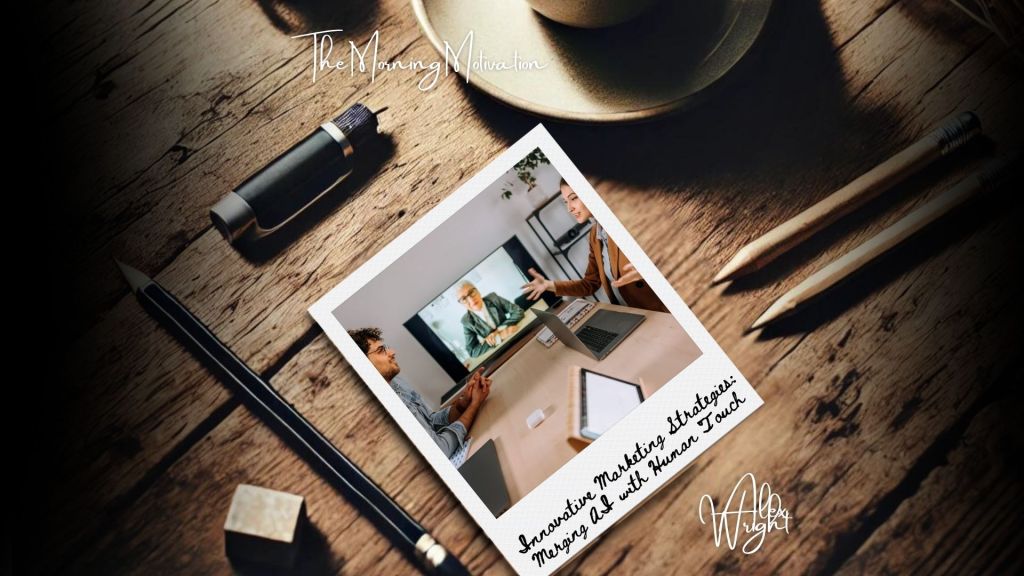 Illustration showing the fusion of AI technology and human connection in a hybrid marketing strategy, symbolising personalisation and engagement.